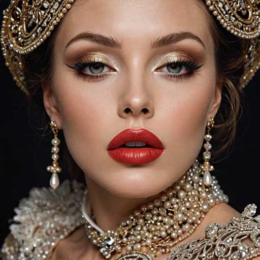 This image features a close-up of a woman's face, capturing her from the shoulders up. She has fair skin and striking blue eyes accentuated by heavy gold eyeshadow and long, black eyelashes. Her lips are painted a bold red, and she wears a hint of blush on her cheeks. She is adorned with an elaborate gold crown that features intricate designs and is studded with pearls and diamonds. Her earrings are long and ornate, composed of three sections: a gold top, a middle section with a pearl, and a bottom section that is a teardrop-shaped pearl. She is dressed in a luxurious outfit that appears to be made of gold and white fabric, possibly resembling a dress or a high-necked shirt. The background is black, which makes her attire and jewelry stand out even more prominently.