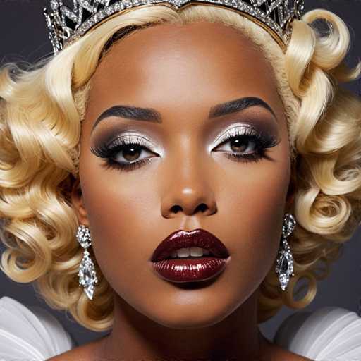 This image features a close-up of a woman with dark skin and curly blonde hair, styled in a way that frames her face. She is adorned with a silver tiara studded with diamonds, and her makeup is striking, featuring dark red lipstick, silver eyeshadow, and long eyelashes. Her eyes are a captivating brown, and she wears diamond earrings. The woman is dressed in a white outfit, with only the top of her shoulders visible. The background is a solid gray, and the image is square in shape. Her expression is serious, and she gazes directly at the camera. The overall composition highlights her elegant and regal appearance.