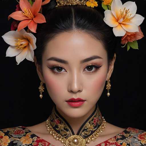 This image features a close-up portrait of a young Asian woman, likely in her late teens or early twenties, set against a black background. She has dark brown eyes, dark eyebrows, and dark hair styled in an elaborate updo with a middle part. Her makeup is meticulously applied, with red lipstick, blush, and eyeliner accentuating her features. She wears a gold and black floral-patterned dress with a high collar that extends up to her neck, adorned with intricate gold and black designs. Around her neck, she sports a gold necklace with a prominent central pearl. Her ears are adorned with dangling gold earrings that feature pearls at the bottom. Her hair is decorated with a variety of flowers, including orange, white, and yellow blooms, adding to the ornate and traditional appearance of the portrait.