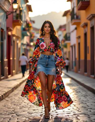 A woman in a vibrant, flowing floral kimono-style dress is walking down a cobblestone street. The dress features bold orange and yellow floral patterns on a dark background, with long, wide sleeves that billow out. She's wearing distressed denim shorts and strappy heels. Her long, dark hair cascades down her shoulders. The lighting suggests it's late afternoon or early evening, with the sun casting a warm glow on the scene. The background is blurred, drawing focus to the woman as she walks towards the viewer.