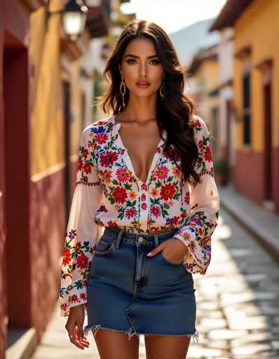 A woman is walking down a cobblestone street wearing a white blouse with colorful floral patterns and a denim skirt. She has her hands in her pockets and is looking directly at the camera.