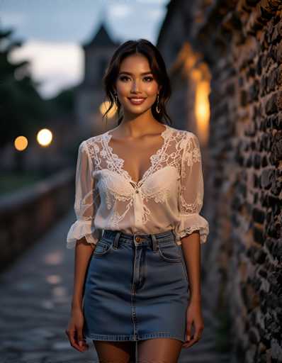 A young woman with long, dark hair stands smiling in front of a stone building. She is wearing a white lace shirt with sheer sleeves and a denim skirt. Her makeup is meticulously applied, and she accessorizes with hoop earrings. The background is blurred, with a stone wall to her right and a stone walkway to her left. The sky is a light blue, and the setting sun casts a warm glow, creating a few scattered lights in the distance.