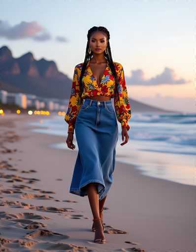 A striking photograph captures a young African-American woman in her early 20s, confidently striding along a beach at sunset. She has long, dark hair styled in braids that cascade down to her waist, with two braids framing her face. Her outfit is a vibrant ensemble: a cropped, long-sleeved top in shades of yellow, red, and blue, paired with a flowing blue denim skirt that reaches her ankles. She completes her look with high-heeled sandals featuring ankle straps and a strap across the toes. The beach beneath her feet is a mix of wet and dry sand, with footprints trailing behind her. The ocean to her right is a serene blue, while the sky above transitions from light blue to pink near the horizon, dotted with clouds. In the background, a mountain range and a row of buildings are visible, adding depth to the scene. The overall composition highlights her poised and stylish presence against the picturesque coastal backdrop.