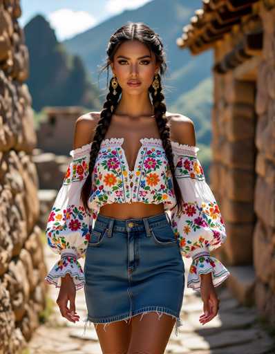 In this vibrant outdoor scene, a young woman stands confidently in front of a rustic stone building, set against a backdrop of majestic mountains and a clear blue sky. She has long, dark brown hair styled in two braids that cascade over her shoulders. Her attire is a striking white blouse adorned with colorful floral patterns in shades of pink, orange, yellow, and blue, which drapes off her shoulders and features puffy sleeves that end in ruffles. Complementing her blouse, she wears a blue denim skirt with frayed edges and a gold button at the waist. Her accessories include large, dangling gold earrings that add a touch of elegance to her look. The sunlight casts a warm glow on her face, highlighting her tan complexion and making her the focal point of this picturesque moment.