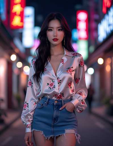 In this vibrant, nighttime street scene, a young Asian woman stands confidently in the center of a blurred, neon-lit alleyway. She is dressed in a silky, white button-up shirt adorned with pink flowers and green leaves, which is unbuttoned at the top, revealing a delicate gold necklace with a small pendant. Her outfit is completed with a short, blue denim skirt that has frayed edges and a button at the waist. Her long, dark brown hair cascades down to her chest, framing her face, which is accentuated with red lipstick and subtle eye makeup. She accessorizes with long, dangling earrings and a ring on her right hand. Her left hand is casually tucked into her skirt pocket, while her right hand rests by her side. The background is a blur of colorful neon signs in red, blue, and white, with some displaying Asian characters, adding to the dynamic and lively atmosphere of the scene.