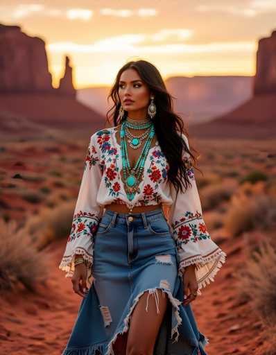 A woman is walking on a dirt path through a desert landscape at sunset. She is wearing a white blouse with blue and red floral patterns, a denim skirt with frayed edges, and a necklace featuring turquoise stones. The sky above her is painted in warm hues of orange and yellow, creating a serene backdrop for the scene.