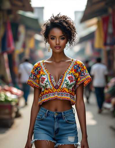 A young woman with curly hair is walking down a street wearing a colorful top and denim shorts. She has her hands in her pockets and appears to be lost in thought or daydreaming as she walks past the market stalls lining the street.