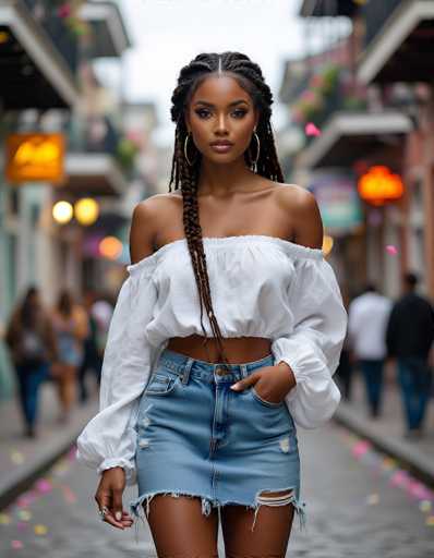 In this vibrant street scene, a young African-American woman stands confidently in the foreground, exuding a blend of modern fashion and youthful charm. She is dressed in a stylish white off-the-shoulder blouse that reveals her midriff, paired with a short denim skirt that falls just above her knees. Her long, dark hair is intricately braided, with one braid cascading over her right shoulder and the rest flowing down her back. She accessorizes with large hoop earrings and a ring on her right hand, which is casually tucked into her skirt pocket. Her left hand rests at her side, adorned with a ring on her thumb. The background, though blurred, hints at a bustling urban environment with indistinct figures and colorful lights, suggesting a lively atmosphere. The image captures her from just above the knees to the top of her head, emphasizing her poised stance and fashionable attire.
