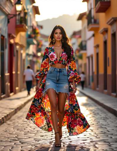 A woman is walking down a cobblestone street in a colorful outfit that includes a floral top and denim shorts with gold accents. She is wearing black heels and carrying a purse. The background features buildings painted in various colors and balconies on the right side of the image.