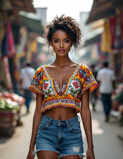 The image features a young African-American woman, likely in her early 20s, standing confidently in the center of a bustling marketplace. She has short, curly brown hair and is adorned with gold hoop earrings. Her attire includes a vibrant, multicolored crop top with intricate patterns of red, yellow, blue, and green, showcasing a floral design. The top is low-cut, revealing a hint of cleavage, and has short sleeves that end just above her elbows. She pairs this with blue denim shorts that are cut off at the upper thigh, displaying a white patch on the right leg. The woman's expression is serious, and she gazes directly at the camera. The background is blurred, highlighting the marketplace setting with indistinct figures of people walking away and colorful stalls on either side. The overall scene is bright and clear, emphasizing the woman's striking appearance against the lively, yet indistinct backdrop.