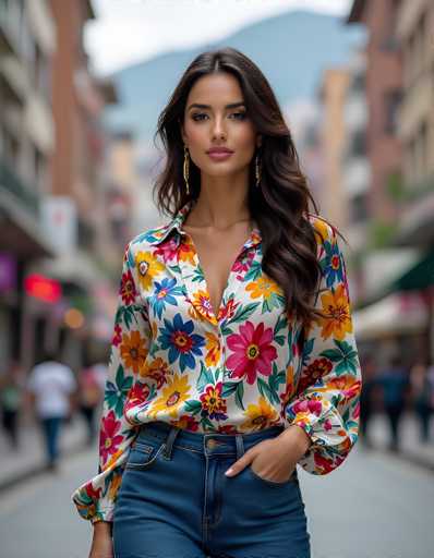 A vibrant photograph captures a young woman standing confidently in the middle of a bustling city street. She is dressed in a striking, long-sleeved white blouse adorned with a colorful floral pattern featuring yellow, red, and blue flowers, complemented by green leaves. Her outfit is completed with a pair of classic blue jeans. The woman has long, dark brown hair cascading down her shoulders and wears elegant gold earrings. Her makeup is meticulously applied, with pink lipstick and a touch of blush highlighting her cheeks. She stands with one hand casually tucked into her pocket, exuding a relaxed yet poised demeanor. The background is artistically blurred, drawing attention to her while subtly revealing the urban setting with indistinct figures of pedestrians and buildings. A majestic mountain looms in the distance, adding a touch of natural beauty to the cityscape.