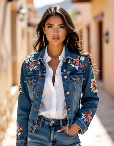 A woman is standing on a sidewalk wearing a blue denim jacket with white and red floral embroidery, paired with blue jeans and gold hoop earrings.