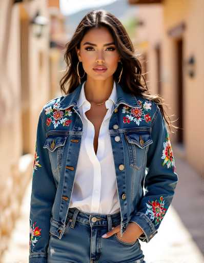 A woman in a denim jacket with floral embroidery is standing in a narrow, sunlit street. She's wearing a white button-down shirt underneath and blue jeans. Her long, wavy hair is styled with gold hoop earrings. She's looking directly at the camera with a confident expression, one hand casually in her pocket. The background is blurred, emphasizing her as the focal point of the image.