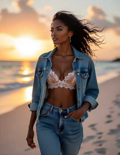 A striking photograph captures a young African-American woman standing on a beach at sunset. She is positioned centrally in the frame, with her long, dark hair flowing in the wind. Her outfit consists of a blue denim jacket, rolled up at the sleeves, worn over a white lace bra, and paired with blue denim jeans. She accessorizes with long, dangling earrings and has her left hand casually tucked into her pocket while her right hand hangs by her side. The background features a serene beach with white sand and the ocean, which is a light blue color. The sky is a blend of gray and orange hues, with the sun setting on the left side of the image, casting a warm glow over the scene. The overall composition is a vertical rectangle, with the woman's face and upper body dominating the foreground, while the beach and ocean stretch out behind her.