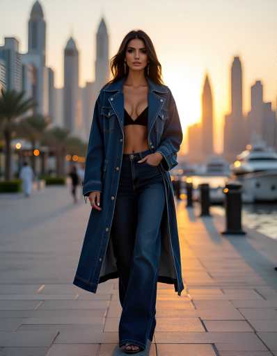 A woman is walking on a sidewalk during sunset. She is wearing a blue denim coat and black bikini top with her legs crossed at the ankles. The background features tall buildings under a warm orange sky.