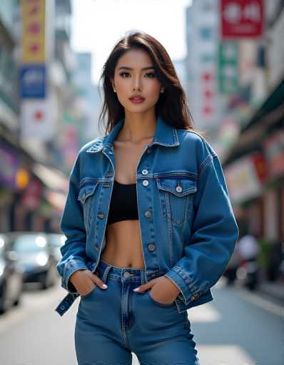 A young Asian woman stands confidently in the middle of a bustling city street, framed by tall buildings adorned with colorful signs in the background. She has long, dark brown hair that cascades down her back, complementing her striking features. Her makeup is meticulously applied, with dark eyebrows, eyeliner, and mascara accentuating her eyes, and a touch of blush highlighting her cheeks. Her lips are painted a bold red, adding a pop of color to her look.

She is dressed in a stylish blue denim jacket, left open to reveal a black sports bra underneath, showcasing her toned midriff. Her hands are casually tucked into the pockets of her matching blue denim pants, which are secured with a silver button at the waist. The overall scene captures a moment of urban elegance and poise, with the woman as the central focus amidst the vibrant cityscape.