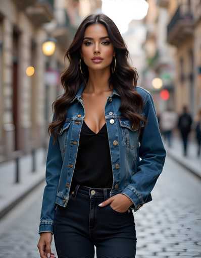 A stylish woman in a denim jacket, black top, and dark jeans stands confidently in the center of a blurred city street. She has long, wavy brown hair and is wearing gold hoop earrings. Her expression is direct and engaging, looking straight at the viewer with a subtle smile. The background is softly blurred, drawing focus to her and creating a sense of depth. The lighting appears soft and natural, highlighting the texture of her clothing and hair.