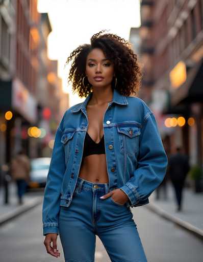In this vibrant cityscape, a striking young woman stands confidently in the middle of a bustling street, framed by towering buildings on either side. The scene is bathed in the warm, golden hues of the setting sun, casting a soft glow over the entire image. The woman, with her rich, dark skin and voluminous, curly black hair, exudes a captivating presence. She is adorned in a stylish blue denim jacket, left open to reveal a black bra and matching blue denim pants. Her right hand rests casually in her pocket, while her left hand hangs by her side. She accessorizes with large hoop earrings, adding a touch of glamour to her ensemble. The background, though blurred, hints at the lively urban environment with indistinct figures of pedestrians and cars, enhancing the dynamic and energetic atmosphere of the photograph.
