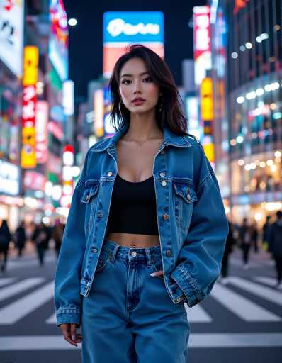 A young woman is standing on a city street at night, dressed in a blue denim jacket and black pants with her hands in her pockets. The background features tall buildings illuminated by bright lights, creating a vibrant urban atmosphere.