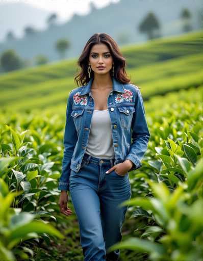 A woman in a denim jacket and jeans walks through a lush green tea plantation, with the focus on her face.