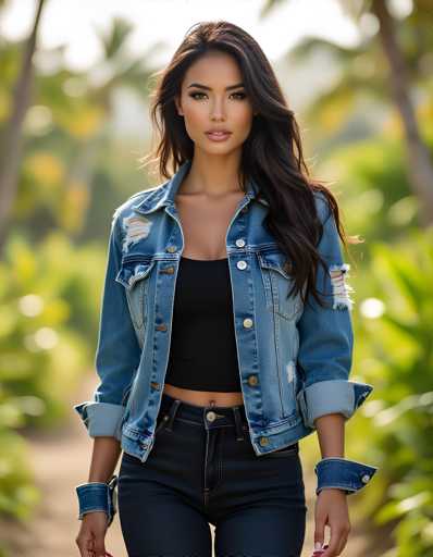 A woman is standing on a dirt path surrounded by lush greenery and palm trees. She is wearing a blue denim jacket with a black tank top underneath, paired with black pants and heels. The background features the same green foliage as the foreground, creating a harmonious blend of natural elements.