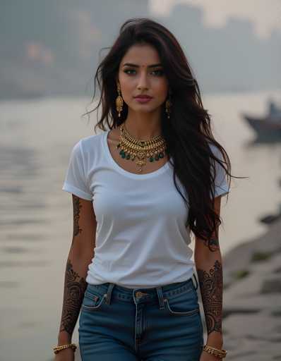 A woman with long dark hair is standing on a rocky shoreline next to a body of water. She is wearing a white t-shirt and blue jeans, and has several tattoos visible on her arms. The background features a river or lake, suggesting that the location might be near a water source or a natural setting.