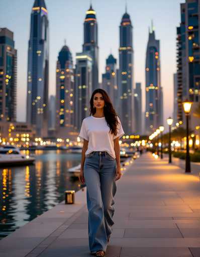 A woman is walking on a sidewalk next to a body of water at night. She is wearing a white t-shirt and blue jeans. The city skyline behind her features tall buildings with illuminated windows that cast a warm glow over the scene.