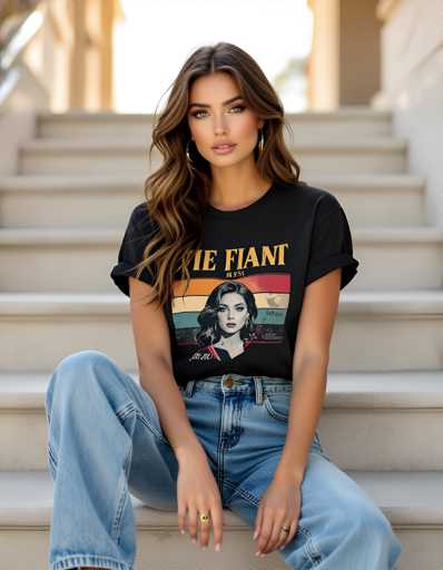 A woman is sitting on a set of stairs with her legs crossed and wearing a black t-shirt that says "die fiant" and blue jeans.