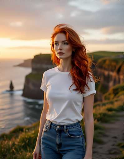 A striking photograph captures a young woman with vibrant red hair, standing on a cliffside during the golden hour of sunset. She is dressed in a white t-shirt and blue jeans, with her hair cascading over her left shoulder. The woman gazes thoughtfully to her right, her expression serene and contemplative. Behind her, the rugged cliffside is adorned with patches of grass, leading down to a body of water that stretches out to the horizon. The sky is a mesmerizing blend of orange and blue hues, with clouds tinged in warm orange tones. The overall scene is bathed in a soft, golden light, creating a serene and picturesque moment.