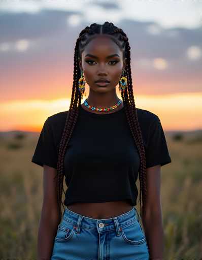 A captivating photograph captures a young African-American woman standing in a vast, open field at sunset. The sky is a mesmerizing blend of orange, yellow, and purple hues, with the sun setting behind her, casting a warm glow. The background is slightly blurred, emphasizing the woman as the focal point. She has long, intricately braided hair that cascades down to her waist, with two braids framing her face and the rest flowing behind her. Her skin is a rich, dark brown, and she wears a black short-sleeved t-shirt that reveals her midriff. Around her neck, she sports a vibrant, multicolored beaded necklace, and her ears are adorned with large, dangling earrings that feature a similar array of colors. She stands confidently, gazing directly at the camera, her expression serene and composed. The image beautifully captures the essence of her beauty and the tranquil, natural setting around her.