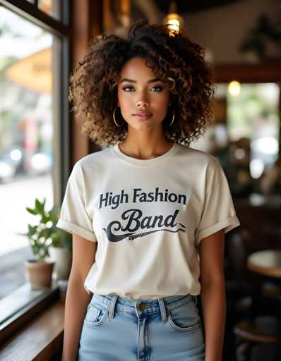 A young woman with curly hair is standing in front of a window and wearing a white t-shirt that says "High Fashion Band". She has her hands on her hips and is looking directly at the camera. The background includes a wooden table and chairs, suggesting an indoor setting such as a cafe or restaurant.
