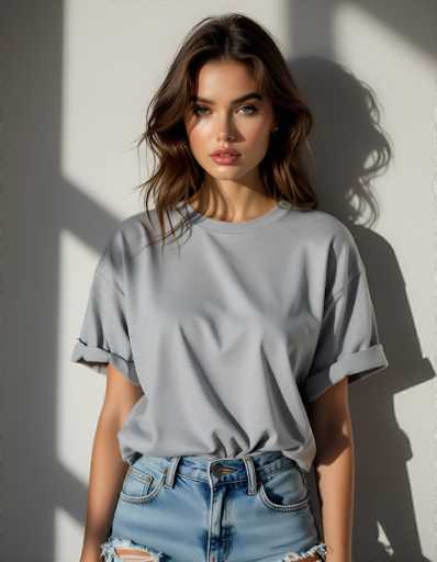 The image features a young woman, likely in her late teens or early twenties, standing against a white wall. She has long, wavy brown hair that cascades past her shoulders, and her striking green eyes are accentuated by her makeup, which includes pink lipstick. She is wearing a light gray, oversized t-shirt with sleeves that extend just past her elbows, and blue jeans that are cut off at the upper thigh, revealing a rip on the left leg. The woman is looking directly at the camera with a neutral expression, her arms hanging straight down by her sides. The lighting in the image casts a shadow of her head and hair on the wall behind her, adding depth to the scene.