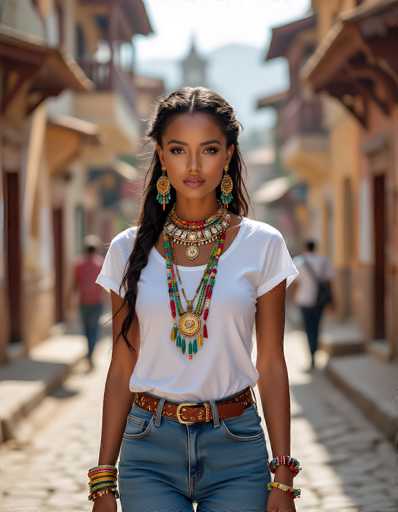 The image depicts a young woman, likely in her late teens or early twenties, standing in the middle of a cobblestone street in what appears to be a South American or possibly Mexican village. She has long, dark brown hair that is braided on one side and wears a white short-sleeved shirt paired with blue jeans. Her outfit is accessorized with a brown belt and multiple pieces of vibrant jewelry, including several necklaces with pendants and colorful beads, large gold earrings with turquoise accents, and multiple bracelets on both wrists. The background is blurred, showing indistinct figures of people walking along the street and buildings lining both sides. The overall scene captures a moment of stillness amidst a bustling, picturesque village setting.