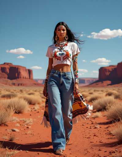 A captivating photograph captures a young woman standing in the middle of a vast desert, framed by towering red rock formations in the background. The sky above is a brilliant blue, dotted with fluffy white clouds. The woman, who appears to be of Native American descent, has long, dark hair and is adorned with intricate face paint. She wears large, dangling gold earrings and a thick, ornate necklace that complements her attire. Her white crop top, featuring a striking red and white design, reveals her midriff, and she pairs it with light blue jeans. In her hands, she holds a vibrant yellow blanket with red and black patterns, adding a splash of color to the earthy tones of the landscape. Her arms are decorated with colorful tattoos, and she completes her look with a pair of sandals. The scene is bathed in natural light, highlighting the contrast between her vibrant appearance and the serene, expansive desert around her.