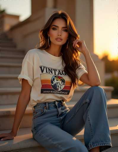 A young woman with long, wavy brown hair and a warm complexion is sitting on stone steps. She's wearing a cream-colored vintage t-shirt with a retro graphic and light blue flared jeans. She's looking directly at the camera with a soft, inviting gaze. Her right hand rests on her knee, while her left arm is draped across the steps for support. The background is softly blurred, suggesting an outdoor setting with warm sunlight and possibly a building in the distance. The overall lighting is soft and golden, enhancing the vintage aesthetic of her outfit.