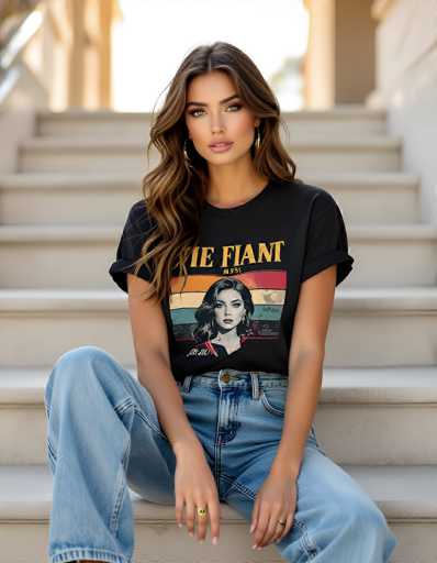A woman is sitting on a set of outdoor stairs, wearing a black t-shirt with a vintage-style graphic featuring a woman in a red dress and the words "VIE FIANT" across it. She's wearing light blue jeans, gold hoop earrings, and a ring on her right hand. Her long, wavy brown hair cascades over her shoulders. She's looking directly at the camera with a soft smile, and her hands are resting on her lap. The background is slightly blurred but shows more of the outdoor setting with warm sunlight and a soft, out-of-focus background. The overall style is casual and fashionable, with a vintage aesthetic emphasized by the t-shirt design.