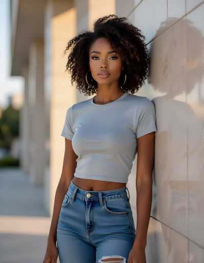 A striking photograph captures a young African-American woman, likely in her early 20s, leaning against a shiny, white-tiled wall. The tiles are large and rectangular, creating a sleek backdrop. Her shadow is prominently cast on the wall, adding depth to the image. She has a medium complexion and voluminous, curly black hair that frames her face. Her makeup is meticulously applied, accentuating her features, and she wears large, gold hoop earrings that catch the light. Her outfit consists of a tight-fitting, short-sleeved gray t-shirt that reveals her midriff, paired with blue jeans that feature a rip at the right knee. The jeans are high-waisted, and she sports a white button at the waistband. Her arms hang naturally by her sides, and she gazes directly at the camera with a composed expression. The background is blurred, drawing focus to her and the wall, with hints of greenery and a gray sidewalk visible.