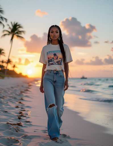 A young woman with long, dark hair styled in braids walks barefoot on a sandy beach at sunset. She is wearing a white t-shirt with a colorful graphic design, blue jeans with a rip at the knee, and large hoop earrings. The beach is dotted with seaweed and shells, and the water to her right is a light blue with gentle waves. In the background, a large ship is visible on the horizon, and palm trees frame the scene on the left. The sky is a mix of blue and orange hues, with clouds illuminated by the setting sun. The woman looks directly at the camera, her expression serene and composed.