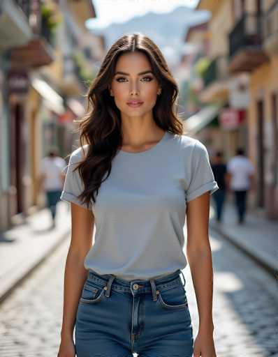 A striking photograph captures a woman standing confidently in the middle of a cobblestone street, flanked by buildings on either side. The cobblestones beneath her feet are a rich brown, adding texture to the scene. She is dressed in a light blue t-shirt, paired with blue jeans that feature a distinctive gold button at the waist. Her long, wavy brown hair cascades down to her chest, framing her face. She has dark brown eyes and wears a subtle touch of pink lipstick, her lips slightly parted to reveal her top teeth. Her expression is neutral, with her gaze directed straight ahead. The background is blurred, drawing focus to her, but you can still make out a few figures on the sidewalks and a glimpse of blue sky above. The overall composition highlights her poised presence amidst the urban setting.