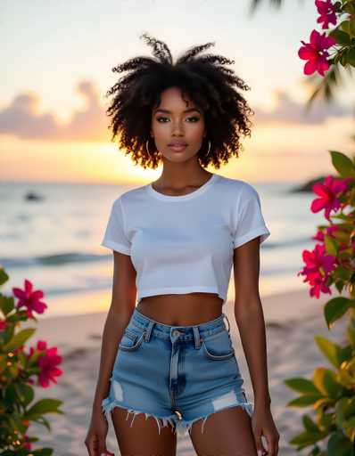 A young woman with curly hair is standing on a beach at sunset. She's wearing a white t-shirt and blue denim shorts that have frayed edges. The sky behind her is painted in shades of orange and pink, creating a warm glow over the scene. In the background, there are pink flowers adding a touch of color to the otherwise serene setting.