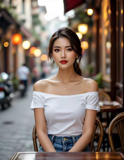 A young woman with long, dark hair and a warm complexion sits at a table in a dimly lit outdoor cafe. She's wearing an off-the-shoulder white top and blue jeans, with a delicate gold necklace. Her makeup is subtle but enhances her features, and she's wearing small hoop earrings. She looks directly at the camera with a soft, inviting expression. The background is blurred, suggesting an out-of-focus street scene with warm, soft lights from lanterns and other sources. The overall lighting is low-key, creating a cozy and intimate atmosphere.