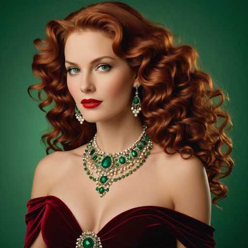 A woman with long red hair wearing a red dress and earrings is the main subject of this image. She has her hair styled in loose curls that fall over her shoulders, giving her an elegant appearance. The background is a dark green color, which contrasts nicely with the woman's vibrant red hair. The woman is looking directly at the camera, engaging the viewer with her gaze and expression.