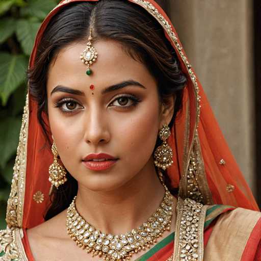 The image shows a woman wearing traditional Indian attire, including an orange and gold sari with a green and white patterned skirt. She is also wearing a gold necklace and earrings that include a large red dot on the left side of her face. The background features a brick wall and some greenery, creating a rustic yet elegant setting for the woman's appearance.
