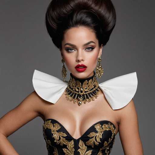 A woman with long dark hair is standing against a gray background wearing a black and gold dress with a white collar and ruffled sleeves. She has red lipstick on her lips and large earrings that dangle from her ears.