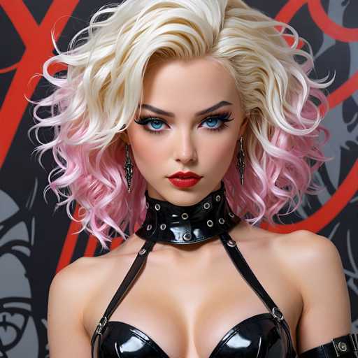 The image shows a woman with blonde hair styled in loose curls and wearing a black leather bra. She is looking directly at the camera with an intense gaze. The background features a red and white graffiti wall adorned with various symbols and designs.