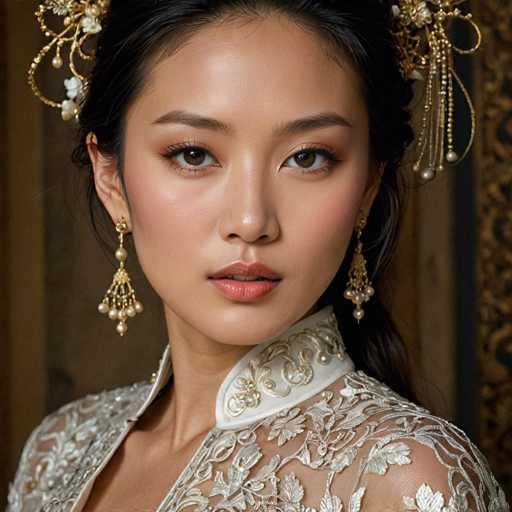 The image shows a woman with dark hair wearing a white dress and gold earrings. She is looking directly at the camera with an expression of concentration or thoughtfulness. The background features a brown wall adorned with gold decorations, adding to the overall elegance of the scene.