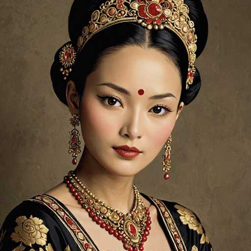 The image shows a woman with black hair and red lips wearing traditional Chinese jewelry such as a gold headband adorned with red jewels and a necklace featuring red pearls. The background is a beige color that contrasts with the vibrant colors of her attire and accessories.