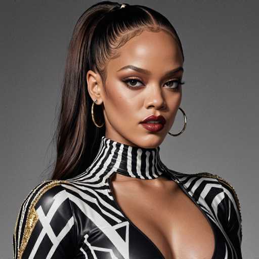 The image shows a woman with long brown hair wearing a black and white striped top that has a cutout on the front. She is also wearing gold hoop earrings and red lipstick. The background of the image is gray, which contrasts with her outfit and makes it stand out.