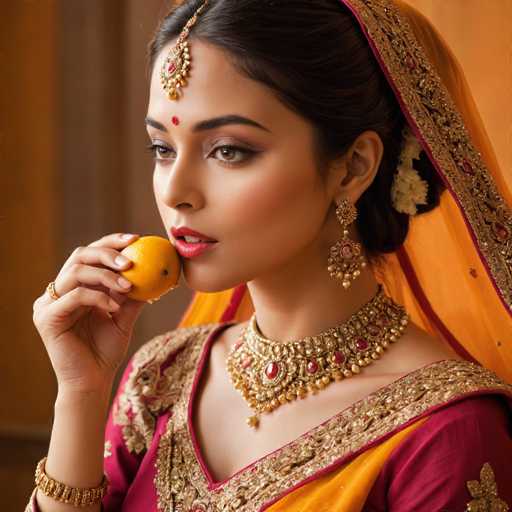 A woman wearing traditional Indian attire is captured in a close-up shot. She has dark hair and is wearing a gold necklace with red stones that sparkles under the light. The woman's face is partially obscured by her headdress, which features a large feather at its center. In her hand, she holds an orange, adding a pop of color to the scene.