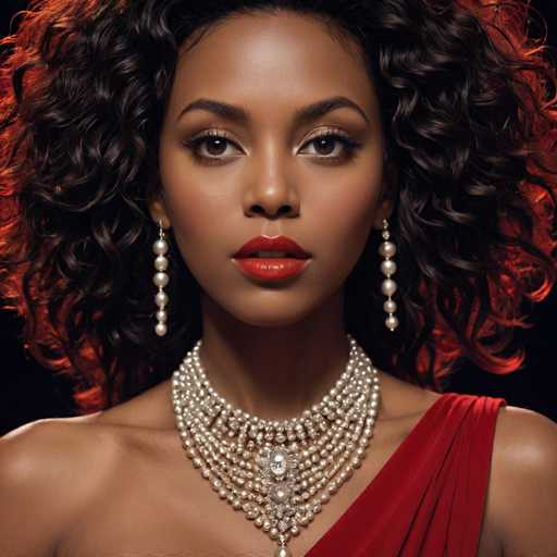 The image shows a woman with long curly hair wearing a red dress and pearls around her neck. She is looking directly at the camera with an expression of interest or curiosity. The background is black, which contrasts with the white pearls on her necklace and the red color of her dress.
